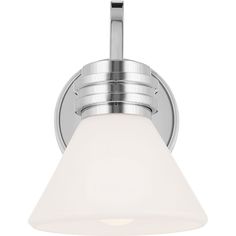 a bathroom light with a white glass shade on the top and an angled metal arm