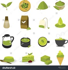 green tea icon set on white background with clippings for use in web design