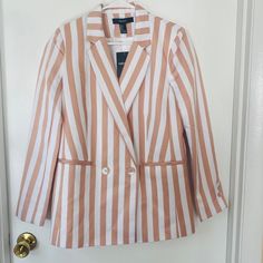 Nwt Forever 21 Striped Blazer In A Muted Blush And White Size Small. This Is Such A Fun Piece To Add To Your Wardrobe, The Color Is A Mix Between A Muted Blush/Peach And White Vertical Stripes. Blazer Has Double Button Closure And Button Details On Sleeves. There’s A Tiny Red Mark In The Front Which Is Shown In The Last Photo, It’s Not Noticeable Unless You Get Really Close. Brand New! Trendy Striped Blazer For Spring, Red Marks, Forever 21 Jacket, Striped Blazer, Vertical Stripes, Blazer Suit, Red And White, Forever 21, Suit Jacket