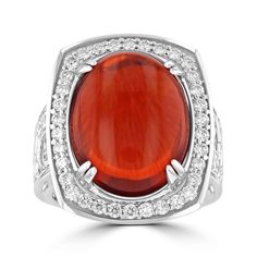 Juleve 18 Karat White Gold 11.71 Carat Oval Fire Opal and .58 Carat Total Weight Round Brilliant Diamond Halo Ring.