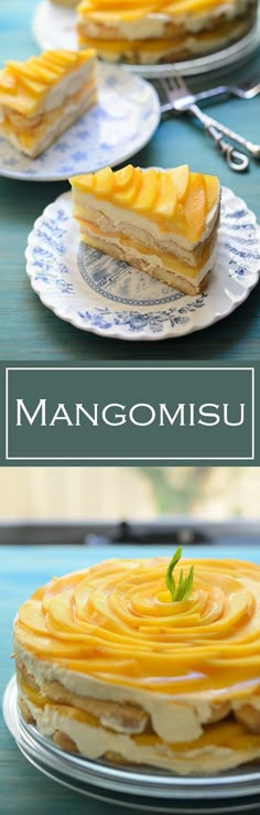 mango custard layered cake on a plate with the words mangomusu above it