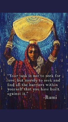 a woman holding a bowl on her head with the words rumi written below it