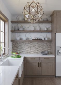 a kitchen with white counter tops and wooden cabinets, along with open shelving on the wall