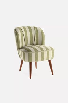 a green and white striped chair with wooden legs