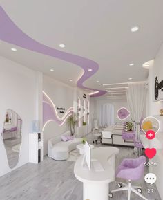 a room with white furniture and purple accents