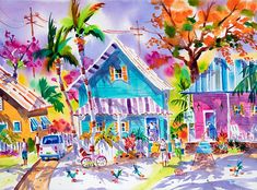 watercolor painting of colorful houses and trees