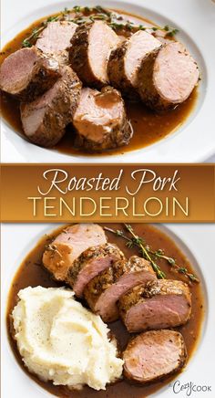 roasted pork tenderloin with a side of mashed potatoes and a brown gravy Roasting Pork Tenderloin In Oven, Oven Roasted Pork Tenderloin With Vegetables, Pork Tenderloin Oven Recipes, Pork Tenderloin Roast Recipes, Pork Tenderloin Gravy Recipe, Pork Tenderloin Recipes In Oven, Fast Dinners Easy, Pork Tenderloin In The Oven, Sauce For Pork Tenderloin