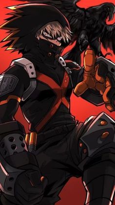 an anime character holding a black bird on his arm and wearing armor with red background