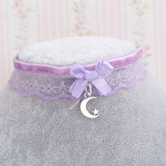 Lilac purple velvet lace choker necklace, bow little crescent moon , cute collar jewelry  ♡ Measurement ♡ lace width 2cm ♡ Length 30cm / 35cm  / 40cm  + 5cm tail White Lace Choker, Moon Cute, Purple Choker, Lace Choker Necklace, Purple Accessories, Purple Collar, Lace Choker, Kawaii Jewelry, Lace Heart