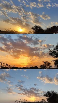 the sun is setting behind some trees and clouds in different stages of flight, from dusk to dawn