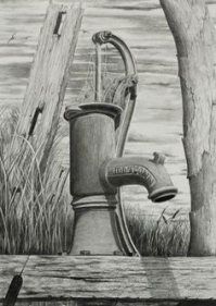 a pencil drawing of an old fashioned faucet and water pump in front of some trees