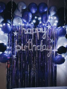 balloons and streamers with the words happy birthday written on them in white, blue and silver