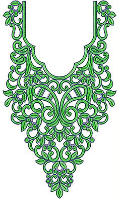 a drawing of a green necklace with swirls and leaves on the front, as well as an ornate design