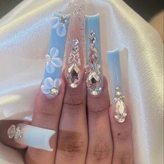 Diy Rhinestone Nails, Quince Nails, Blue Acrylic Nails, Nails Design With Rhinestones, Colored Acrylic Nails, Pretty Gel Nails