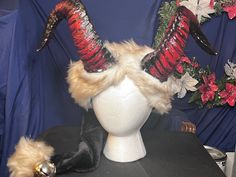 Handmade Black long Krampus Hat with red and black demon type horns. Long end with gold and brown color bell.  One of a kind. Perfect for holiday parties,holiday wear,etc. Fantasy Festival Costume Hats And Headpieces In Red, Handmade Red Costume Hats And Headpieces, Black Demon, Holiday Wear, Costume Hats, Phoenix Az, Red And Black, Costume Accessories, Holiday Parties