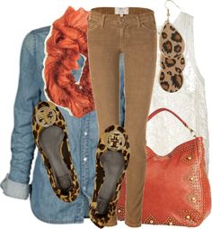 Denim~Leopard~Orange. Leopard Print Shoes, Moda Chic, Clothes And Shoes, Print Shoes, Brown Pants, Outfits Casuales