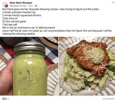 a person holding a mason jar next to a photo of a salad and chicken sandwich