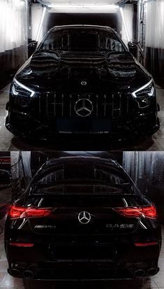 two pictures of the back end of a black car in a garage with its lights on