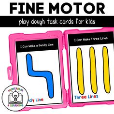 two pink and yellow children's toys with the text fine motor play dough task cards for