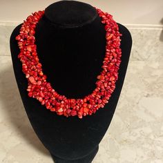 Never Worn Questions? Leave A Comment Below! Red Coral Necklaces For Party, Red Coral Necklace For Party, Multi-strand Red Coral Jewelry Gift, Handmade Coral Jewelry For Party, Red Costume Jewelry Necklace For Gift, Coral Multi-strand Jewelry As Gift, Unique Red Multi-strand Jewelry, Red Adjustable Necklaces With Lobster Clasp, Adjustable Red Necklace With Lobster Clasp