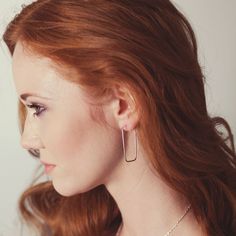 Rectangle hoop earrings - handmade wire hammered simple minimal earrings made in Nashville TN in sterling silver, gold filled, or rose gold filled. Also, love her red hair in this pic! Minimalist Rectangular Hypoallergenic Hoop Earrings, Elegant Rectangular Sterling Silver Hoop Earrings, Minimalist Rectangular Hoop Earrings, Tarnish Resistant, Minimalist Rectangular Hoop Earrings, Hypoallergenic, Minimalist Nickel-free Sterling Silver Linear Earrings, Hammered Jewelry, Minimal Earrings, Tiny Earrings, Simple Chic