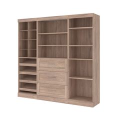 an open bookcase with drawers and shelves on the bottom, in front of a white background