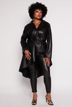 Long Sleeves, Collar, High Low Hem, Belt Included, Grommets, Solid, Faux Leather, Fleece, Item Number 3932076453852 Plus Size Belts, Weatherproof Boots, Plus Lingerie, Romper And Jacket, Lingerie Panties, Denim Shoes, Leather Jacket Black, Faux Leather Jacket, Denim Jumpsuit