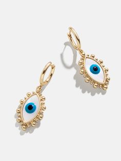 Keep an eye on your vibes with the Eyes Out Earrings. These gold evil eye drop earrings add touches of personality (and protection) to any look. Evil Eye Earring, Metal Dangle Earrings With Evil Eye, Blue Evil Eye Earrings, Eye Drop, Turkish Eye, Eye Eye, The Evil Eye, Evil Eye Earrings, Three Stone Diamond