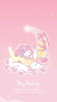 hello kitty sleeping on the moon with stars and clouds in the sky, pink background