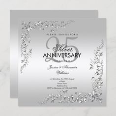 an elegant 25th anniversary party card with silver foil and leaves on it, featuring the number fifty