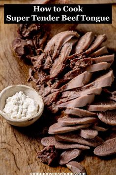 how to cook super tender beef tongue on a wooden cutting board with garlic and sour cream