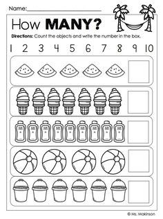 a printable worksheet showing how many objects are in the box and what number is