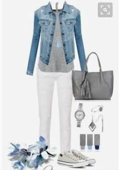 Casual white jeans outfit (Recreate with jean jacket, sway top, white jeans, Sperry’s) Casual White Jeans Outfit, Professional Work Outfit, White Jeans Outfit, Summer Work Outfits, Boyfriend Jean, Mode Casual, Stitch Fix Inspiration, Work Outfits Women, Stitch Fix Style