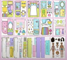 an assortment of paper dolls are arranged on a pink background