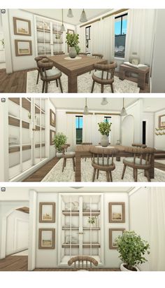 three different views of a dining room and living room in one image, the other is empty