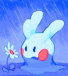 a cartoon rabbit is in the water with a flower on it's head and rain falling down