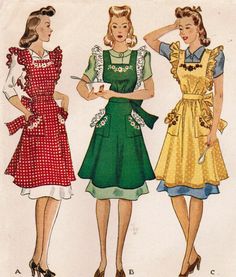 three women wearing aprons and dresses in different styles, from the 1950's