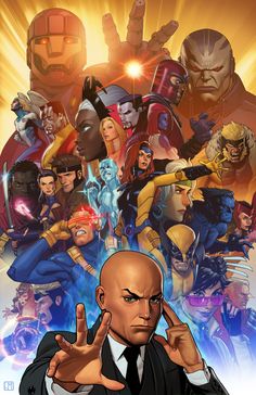 an image of a man in front of a bunch of characters from the animated movie x - men