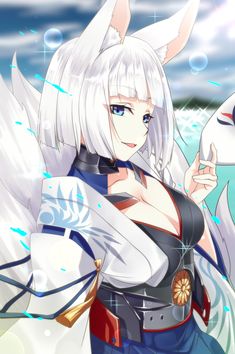 an anime character with white hair and blue eyes, holding a horse's tail