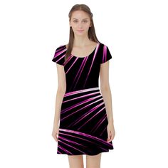 Bending Abstract Futuristic Print Short Sleeve Skater Dress Geometric Shapes Pattern, Abstract Futuristic, Lines Abstract, Shapes Pattern, Abstract Geometric Shapes, Black And White Background