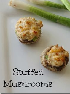 stuffed mushrooms on a plate with asparagus next to it and the words stuffed mushrooms above them