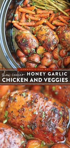 slow cooker honey garlic chicken and veggies in a crock pot with text overlay