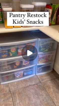 a pantry with plastic bins filled with food on top of it and the words pantry restock kids'snacks