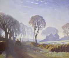 an oil painting of cows walking down a country road with trees in the foreground