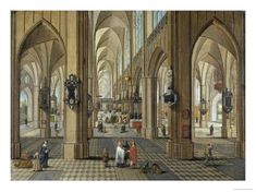 this is an image of a painting of people in a church with columns and arches