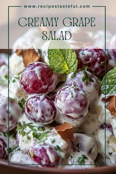 A refreshing, creamy, and sweet salad with a delightful crunch! This easy-to-make dish combines seedless grapes with a luscious cream cheese and sour cream dressing, topped with a sweet pecan mixture for added texture. Grape Dessert Recipes, Creamy Grape Salad, Sweet Salad Dressings, Sour Cream Dressing, Grape Dessert, Sweet Salad, Grape Salad Recipe, Grape Nuts, Grape Recipes