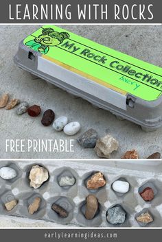 an egg carton filled with rocks and text that reads learning with rocks my rock collection