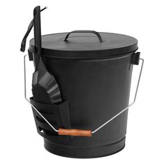 a large black bucket with a wooden handle