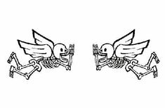 two cartoon birds flying over each other with wings and bones on their backs, one is holding