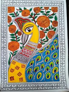 an art work depicting a peacock and orange flowers